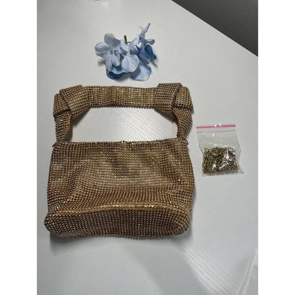 Gold Rhinestone Mesh Knotted Handle Evening Handbag with Detachable Chain Strap